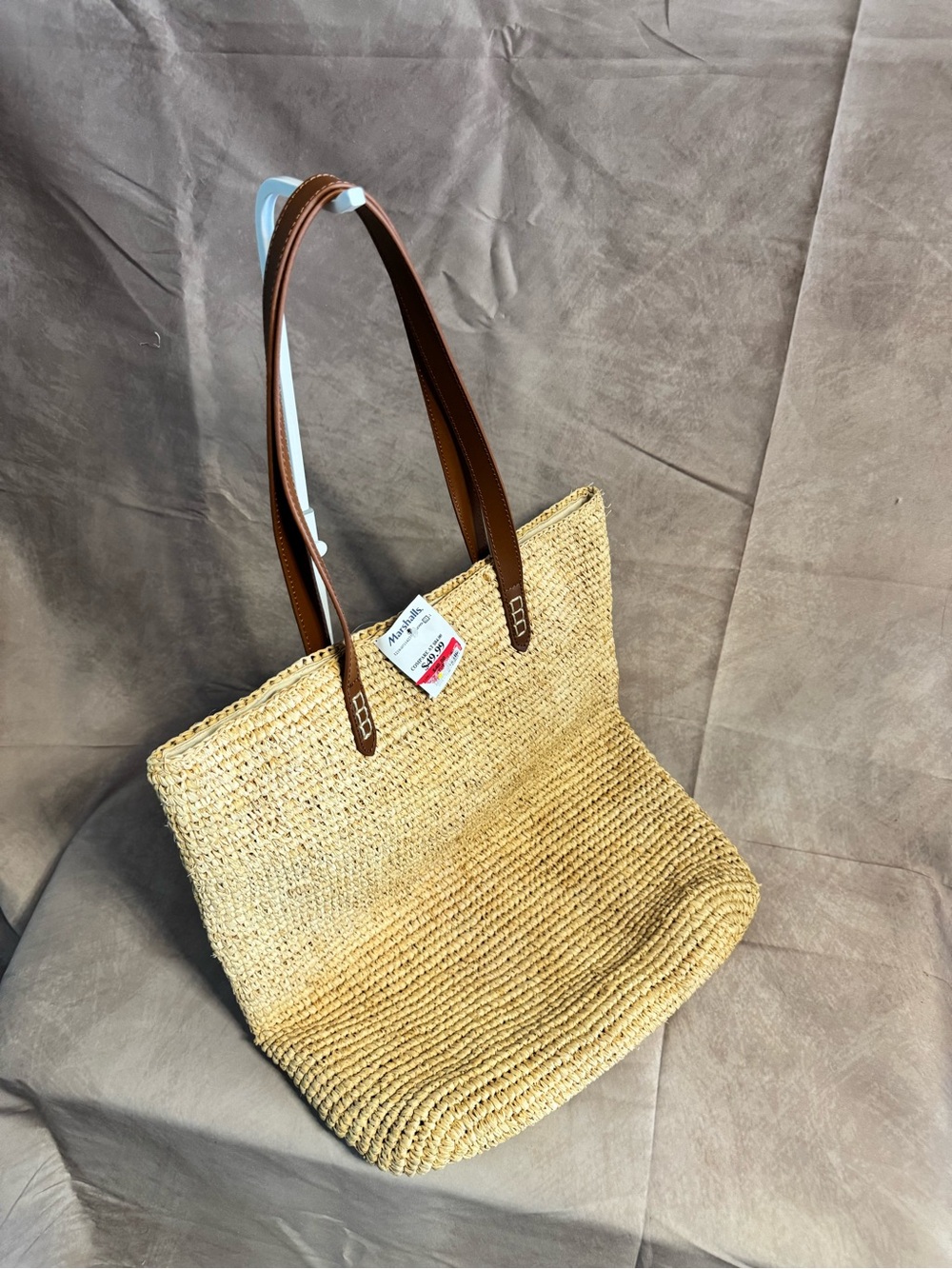 Straw Studios 100% Raffia Tote Bag Genuine Leather Trim Natural Brown
